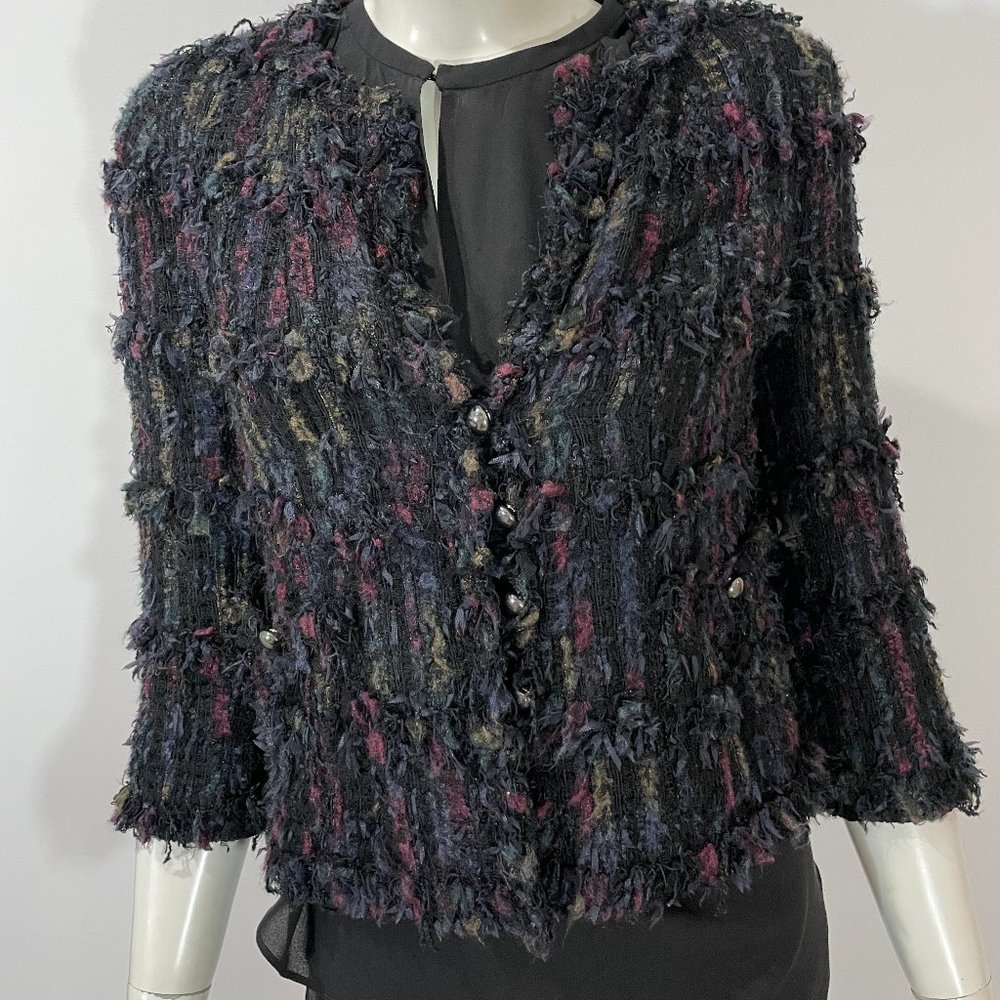 CHANEL $6500 06P BLACK MULTICOLOR FRINGED TWEED
